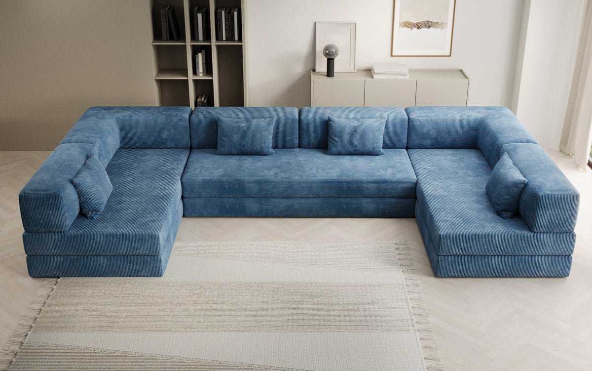 Gemütliches U-Form Cord Designersofa mit Schlaffunktion und praktischem Stauraum