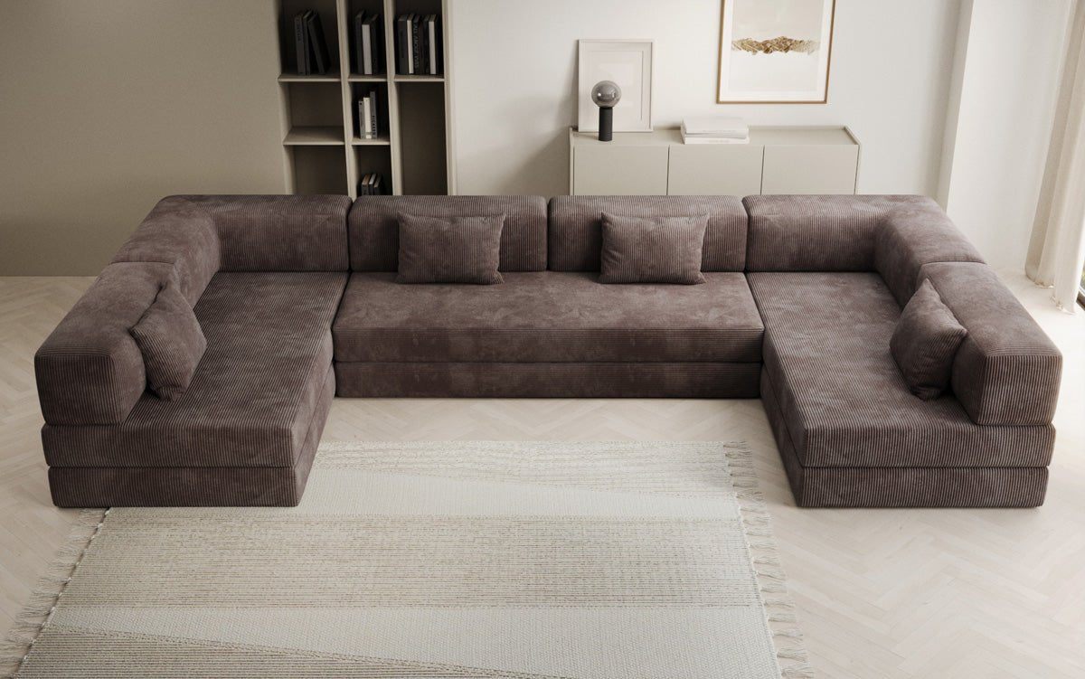 Gemütliches U-Form Cord Designersofa mit Schlaffunktion und praktischem Stauraum
