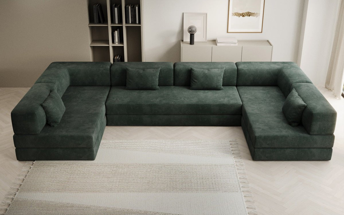 Gemütliches U-Form Cord Designersofa mit Schlaffunktion und praktischem Stauraum