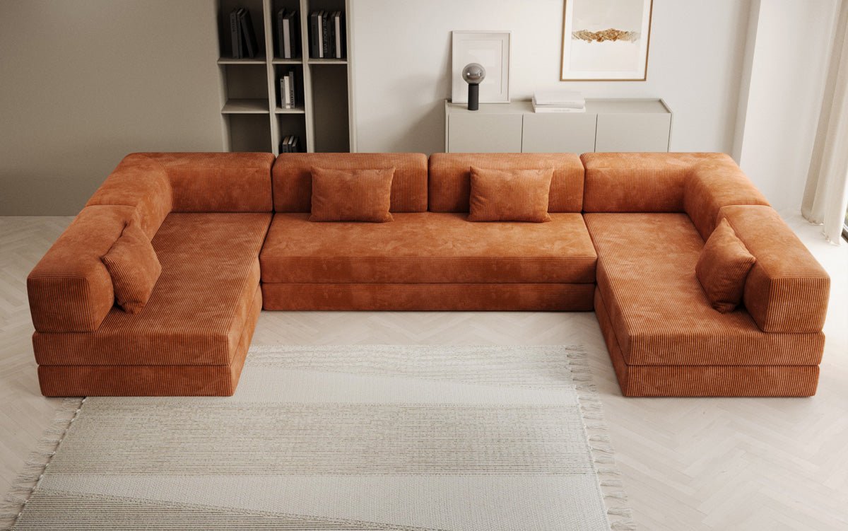 Gemütliches U-Form Cord Designersofa mit Schlaffunktion und praktischem Stauraum