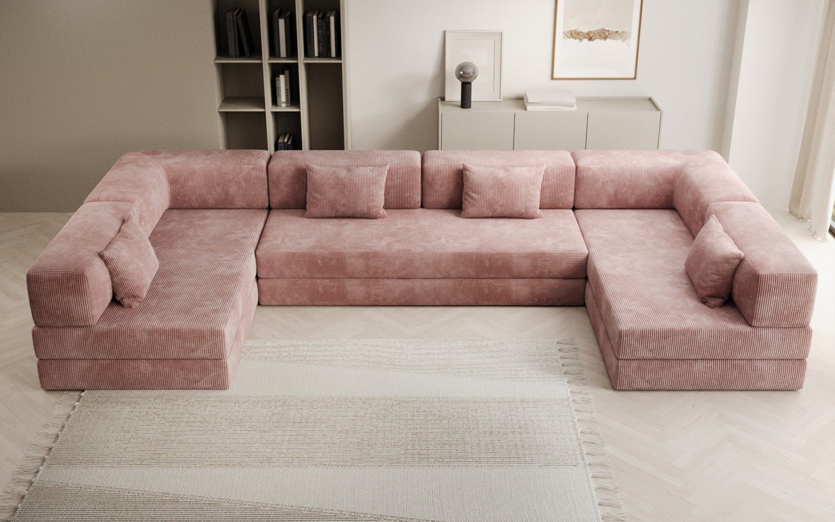 Gemütliches U-Form Cord Designersofa mit Schlaffunktion und praktischem Stauraum