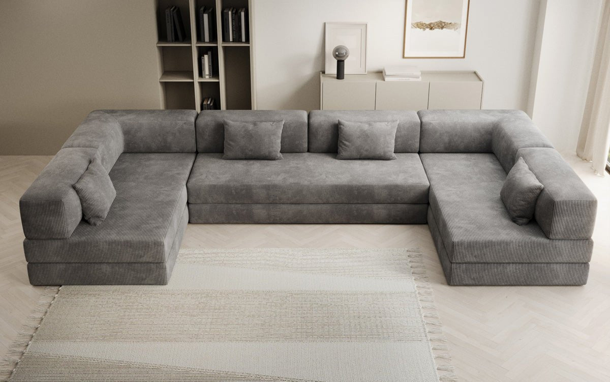 Gemütliches U-Form Cord Designersofa mit Schlaffunktion und praktischem Stauraum