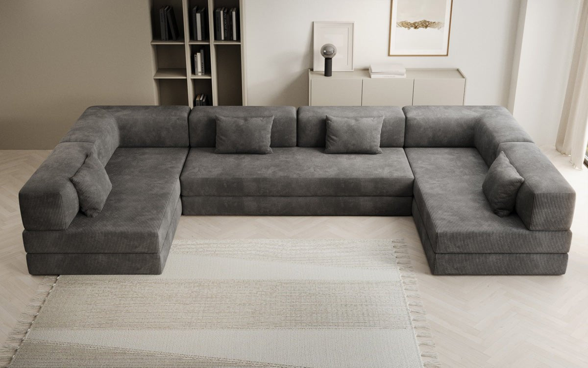 Gemütliches U-Form Cord Designersofa mit Schlaffunktion und praktischem Stauraum