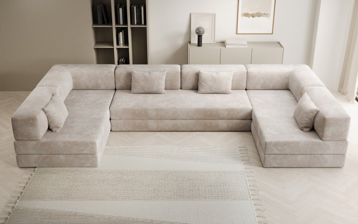 Gemütliches U-Form Cord Designersofa mit Schlaffunktion und praktischem Stauraum
