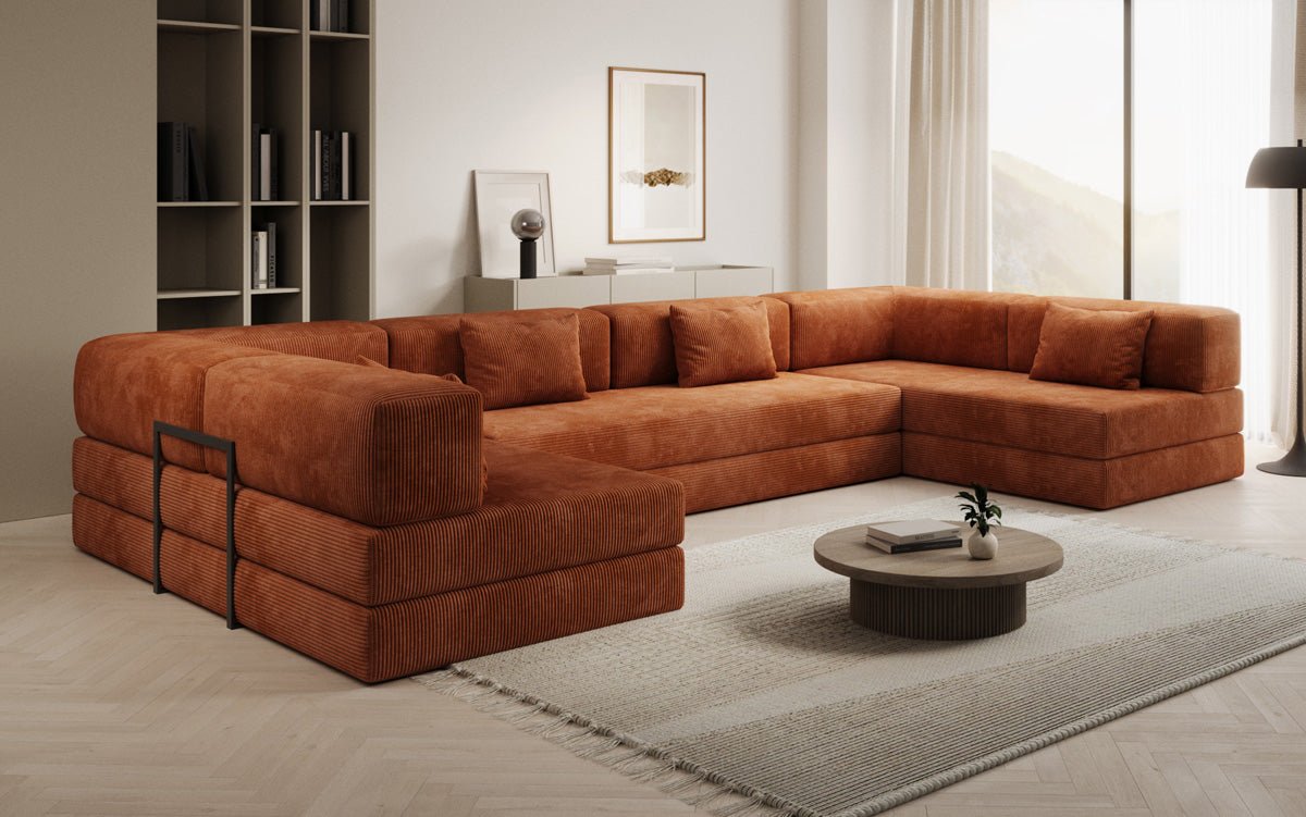 Gemütliches U-Form Cord Designersofa mit Schlaffunktion und praktischem Stauraum