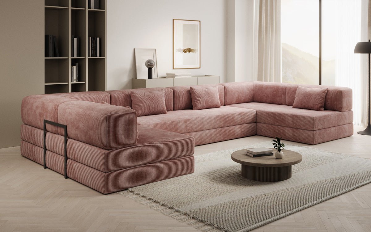 Gemütliches U-Form Cord Designersofa mit Schlaffunktion und praktischem Stauraum