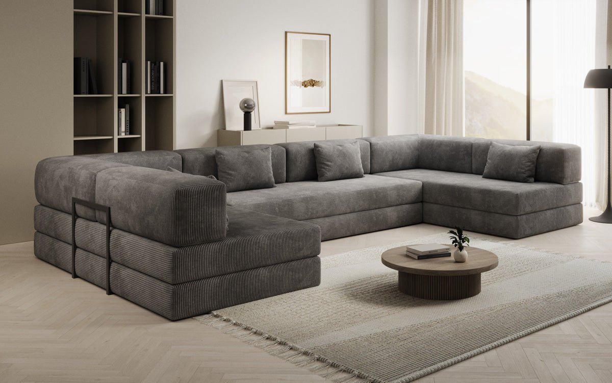 Gemütliches U-Form Cord Designersofa mit Schlaffunktion und praktischem Stauraum