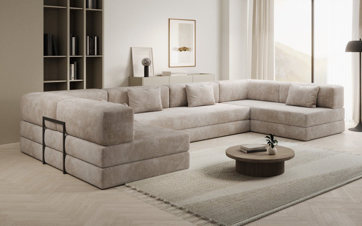 Gemütliches U-Form Cord Designersofa mit Schlaffunktion und praktischem Stauraum