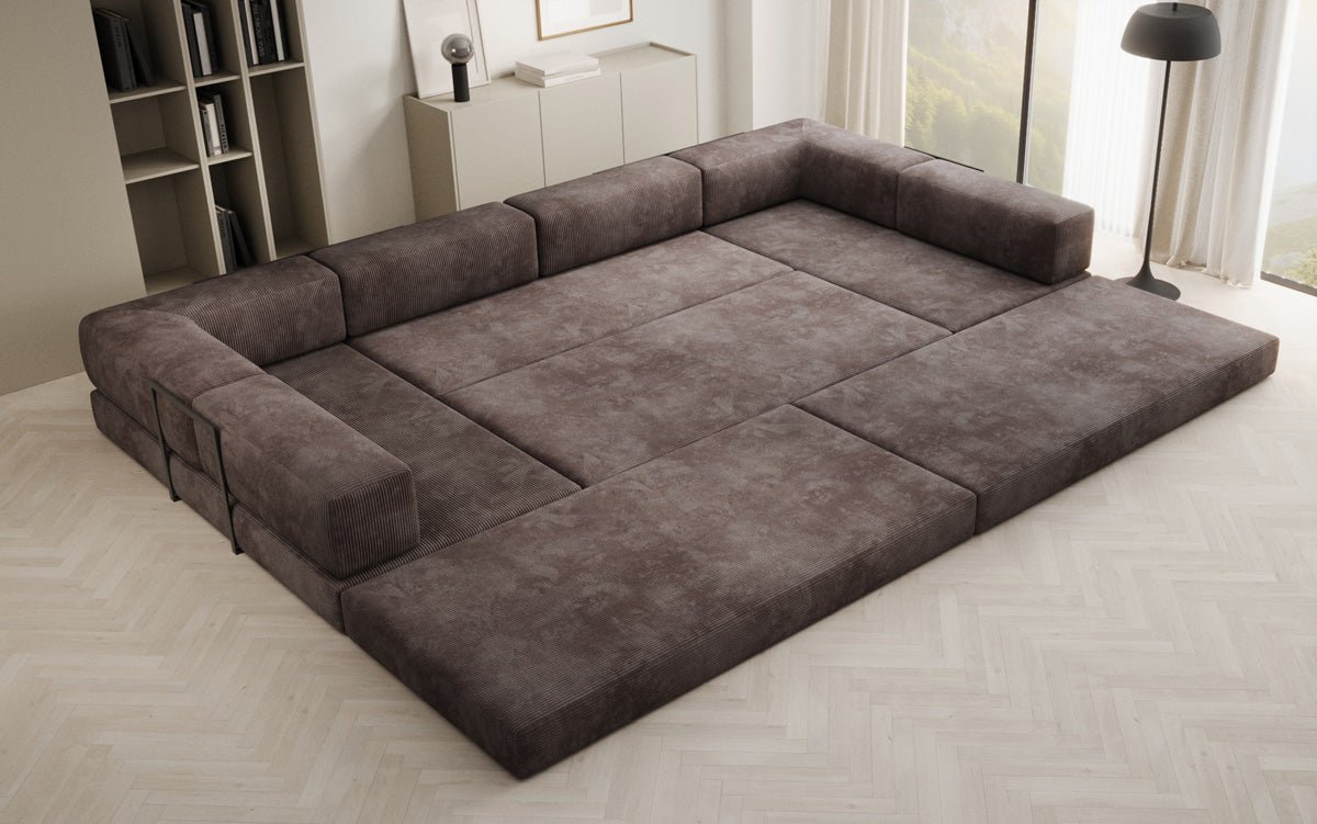 Gemütliches U-Form Cord Designersofa mit Schlaffunktion und praktischem Stauraum