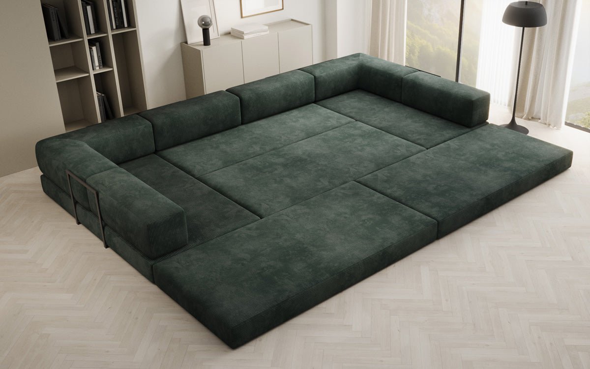 Gemütliches U-Form Cord Designersofa mit Schlaffunktion und praktischem Stauraum