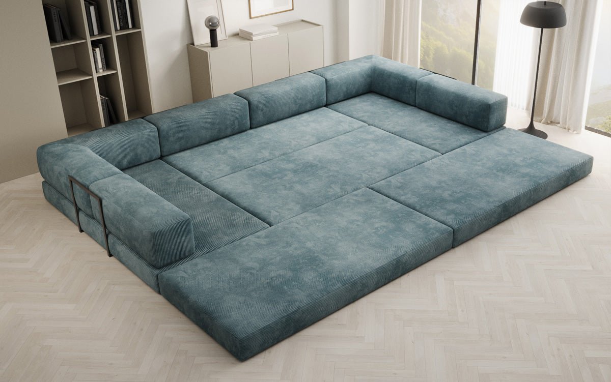 Gemütliches U-Form Cord Designersofa mit Schlaffunktion und praktischem Stauraum