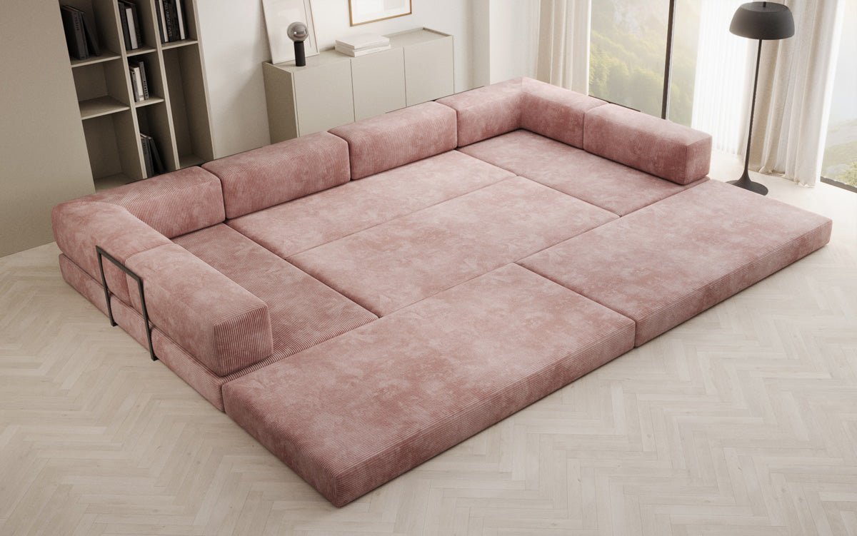 Gemütliches U-Form Cord Designersofa mit Schlaffunktion und praktischem Stauraum