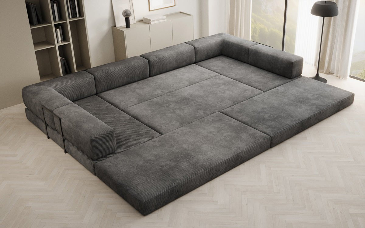 Gemütliches U-Form Cord Designersofa mit Schlaffunktion und praktischem Stauraum