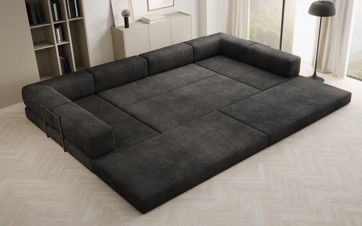 Gemütliches U-Form Cord Designersofa mit Schlaffunktion und praktischem Stauraum
