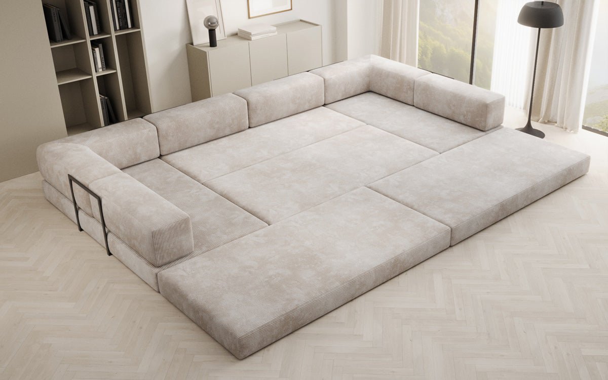 Gemütliches U-Form Cord Designersofa mit Schlaffunktion und praktischem Stauraum