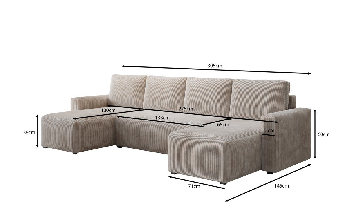 Luxuriöses Designer U-Sofa Melva mit Schlaffunktion, Cord Bezug & Stauraum