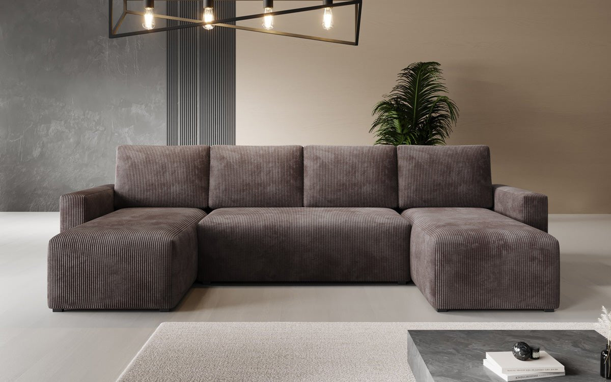 Luxuriöses Designer U-Sofa Melva mit Schlaffunktion, Cord Bezug & Stauraum