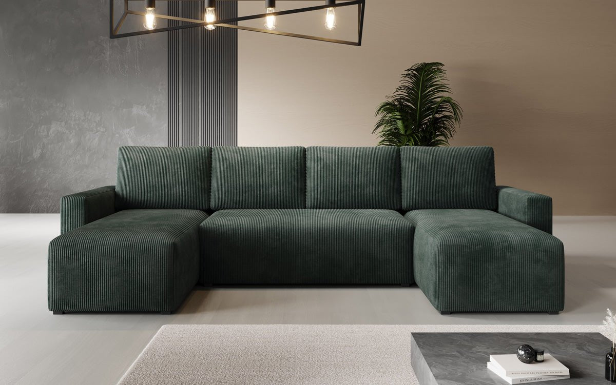Luxuriöses Designer U-Sofa Melva mit Schlaffunktion, Cord Bezug & Stauraum