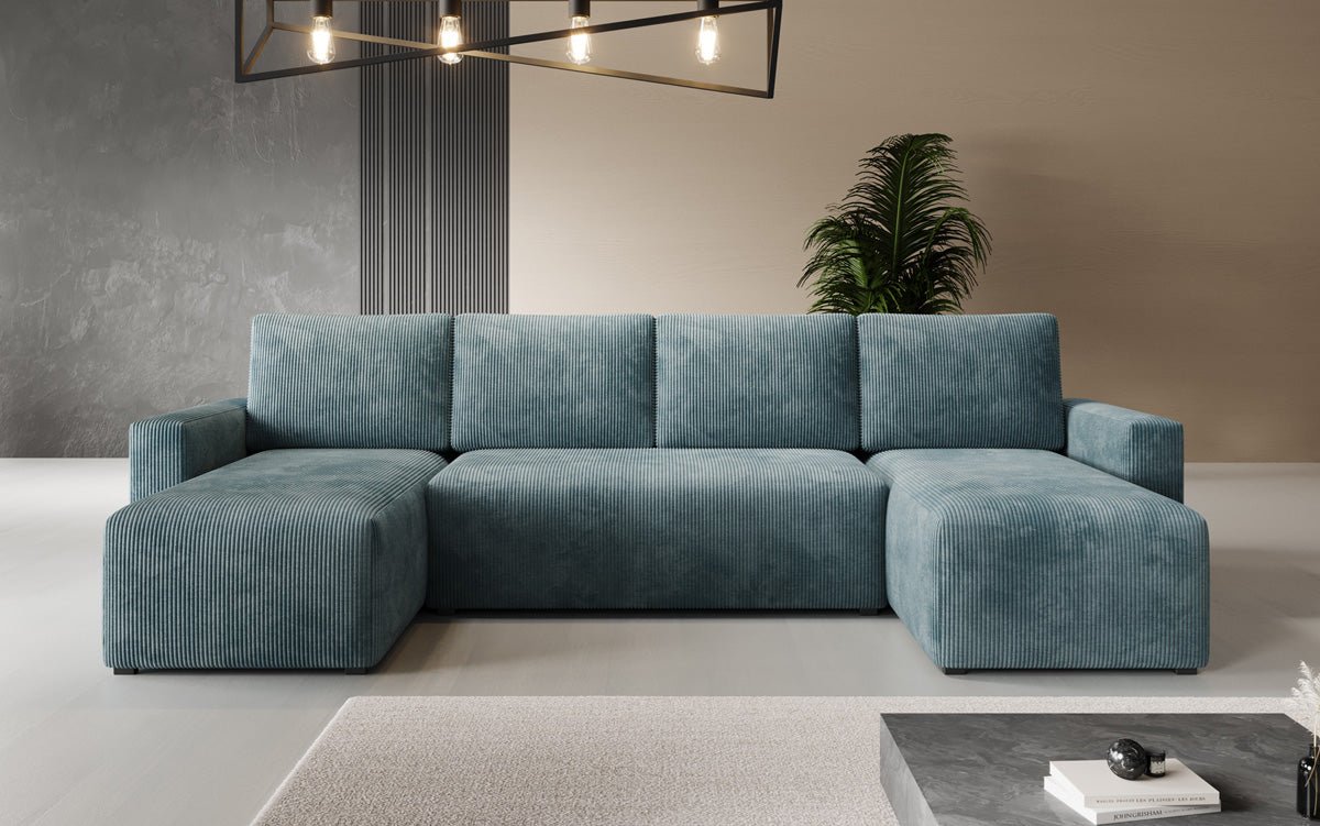 Luxuriöses Designer U-Sofa Melva mit Schlaffunktion, Cord Bezug & Stauraum