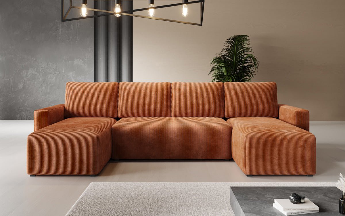 Luxuriöses Designer U-Sofa Melva mit Schlaffunktion, Cord Bezug & Stauraum