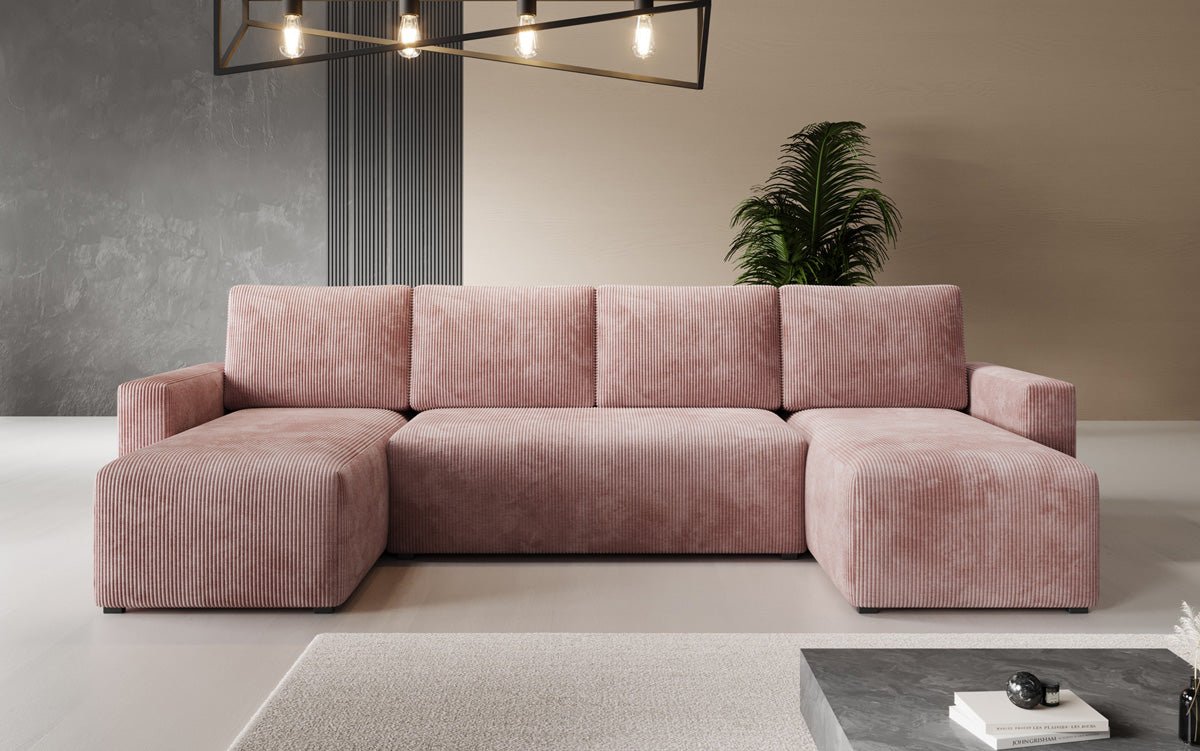 Luxuriöses Designer U-Sofa Melva mit Schlaffunktion, Cord Bezug & Stauraum