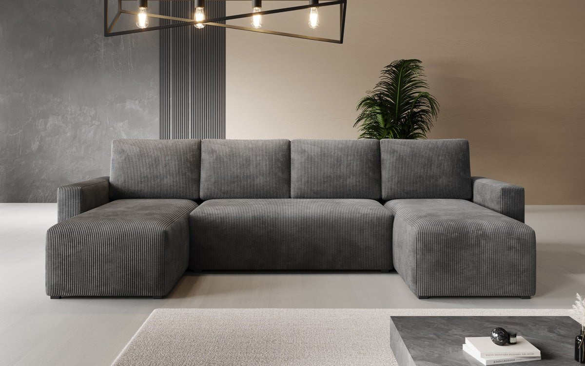 Luxuriöses Designer U-Sofa Melva mit Schlaffunktion, Cord Bezug & Stauraum