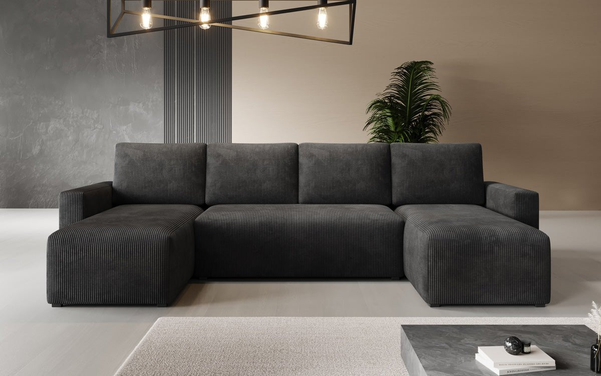 Luxuriöses Designer U-Sofa Melva mit Schlaffunktion, Cord Bezug & Stauraum