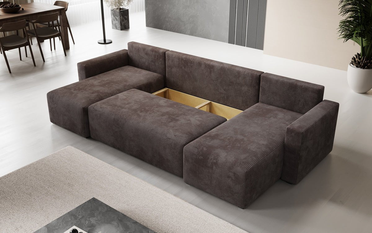 Luxuriöses Designer U-Sofa Melva mit Schlaffunktion, Cord Bezug & Stauraum