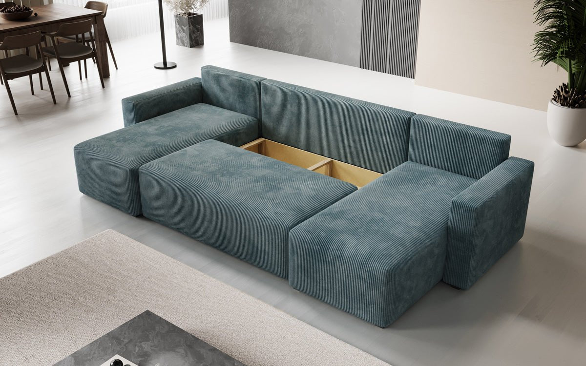 Luxuriöses Designer U-Sofa Melva mit Schlaffunktion, Cord Bezug & Stauraum