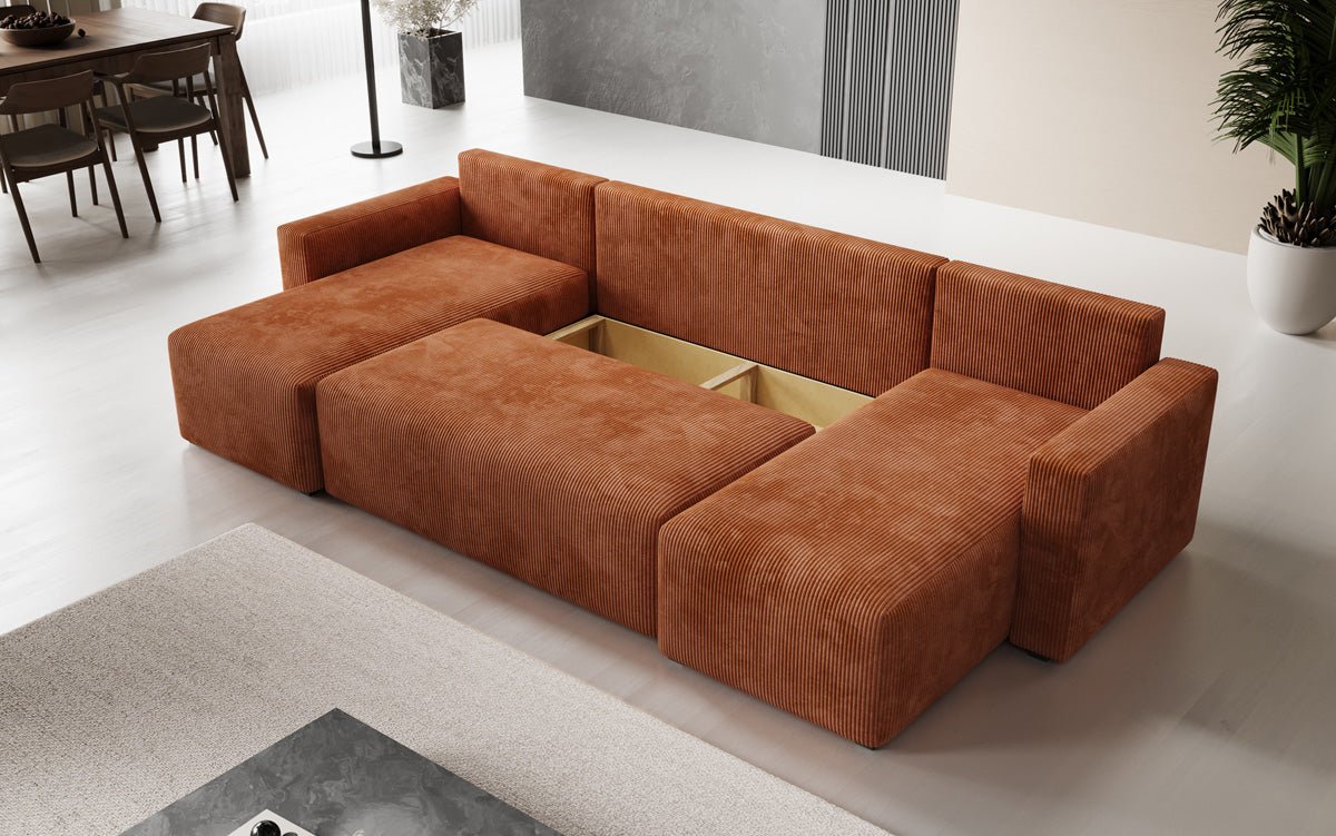 Luxuriöses Designer U-Sofa Melva mit Schlaffunktion, Cord Bezug & Stauraum