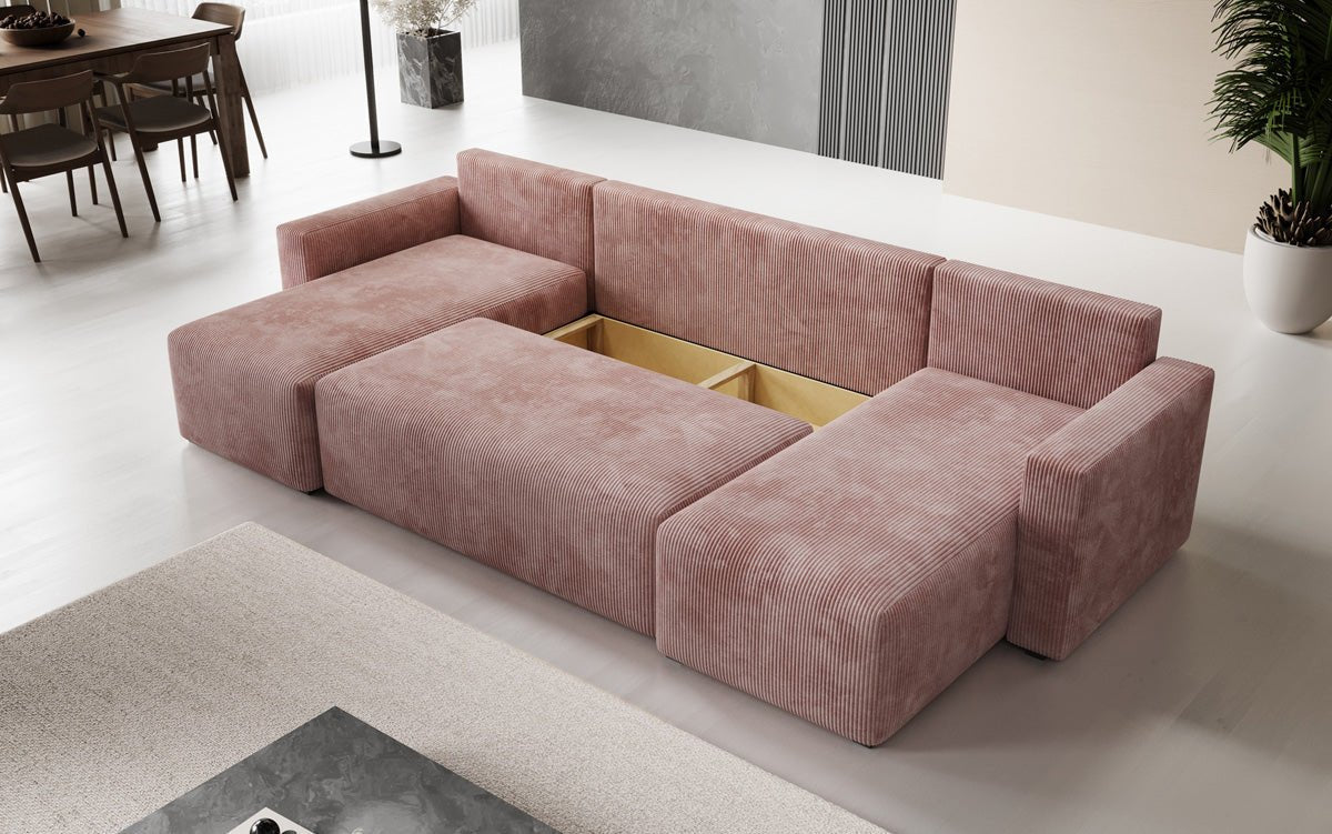Luxuriöses Designer U-Sofa Melva mit Schlaffunktion, Cord Bezug & Stauraum