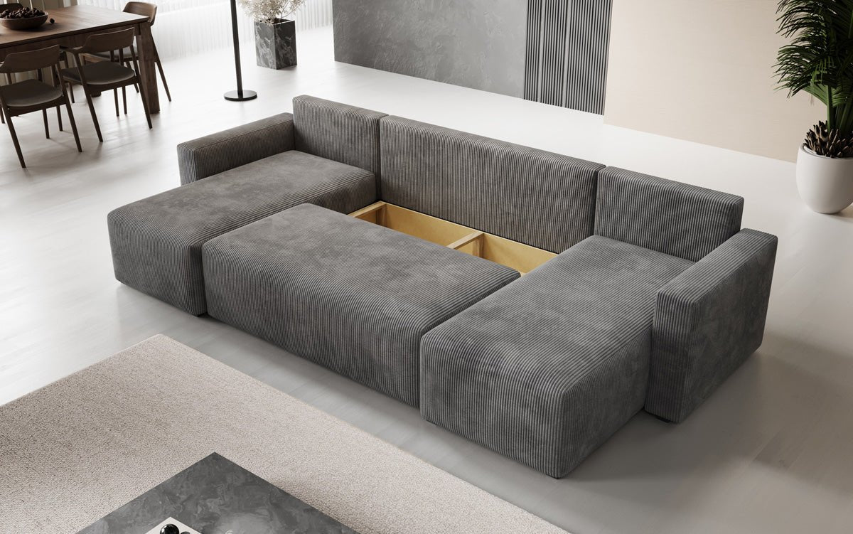 Luxuriöses Designer U-Sofa Melva mit Schlaffunktion, Cord Bezug & Stauraum