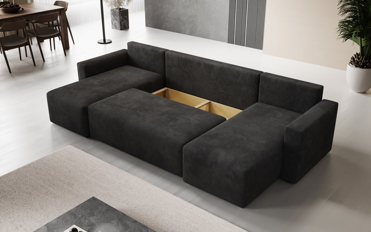 Luxuriöses Designer U-Sofa Melva mit Schlaffunktion, Cord Bezug & Stauraum