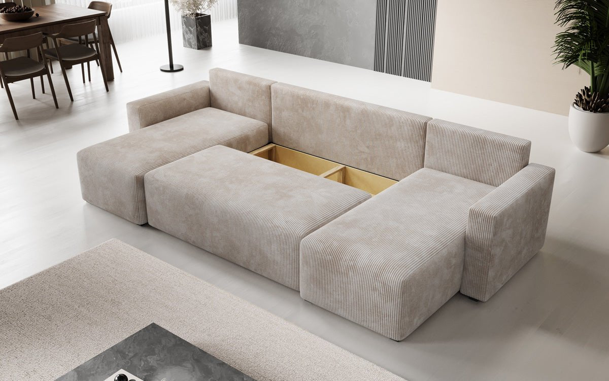 Luxuriöses Designer U-Sofa Melva mit Schlaffunktion, Cord Bezug & Stauraum