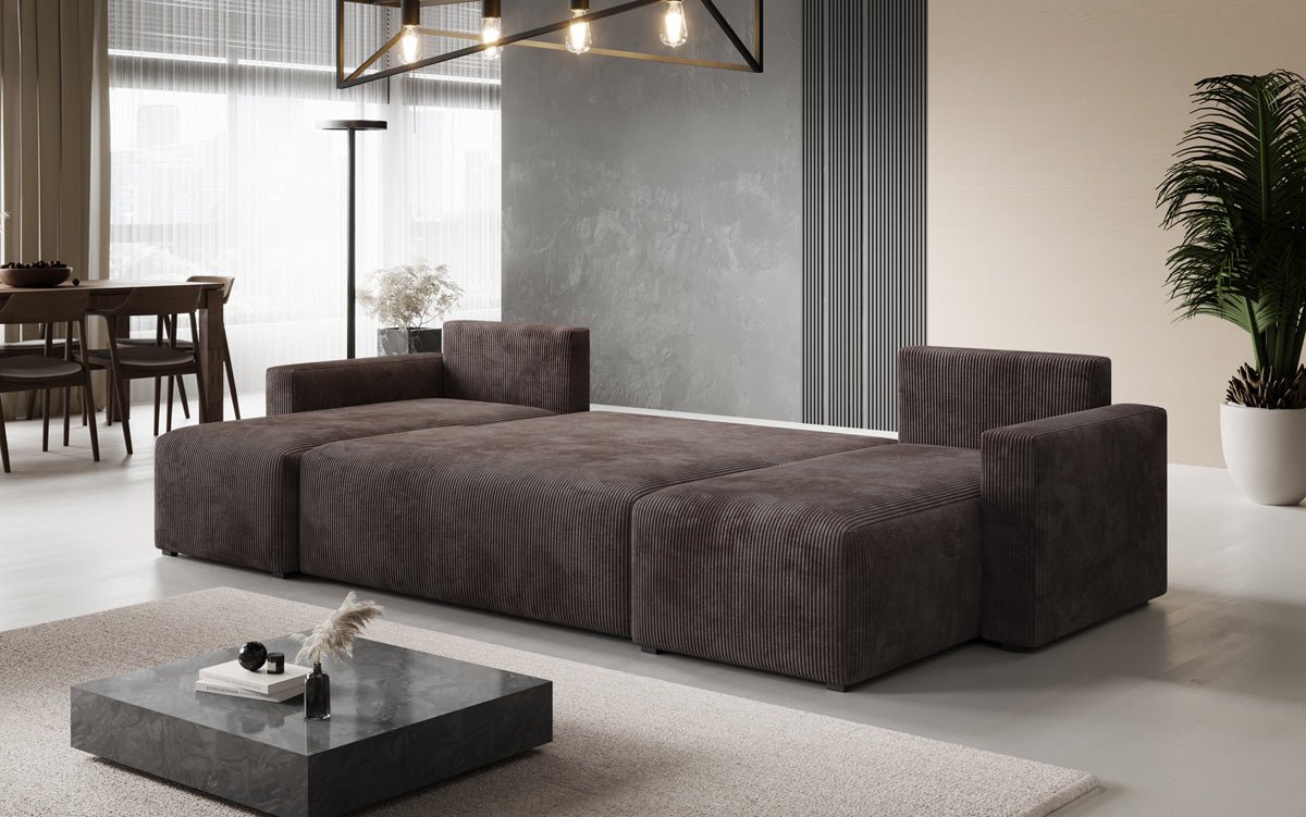 Luxuriöses Designer U-Sofa Melva mit Schlaffunktion, Cord Bezug & Stauraum