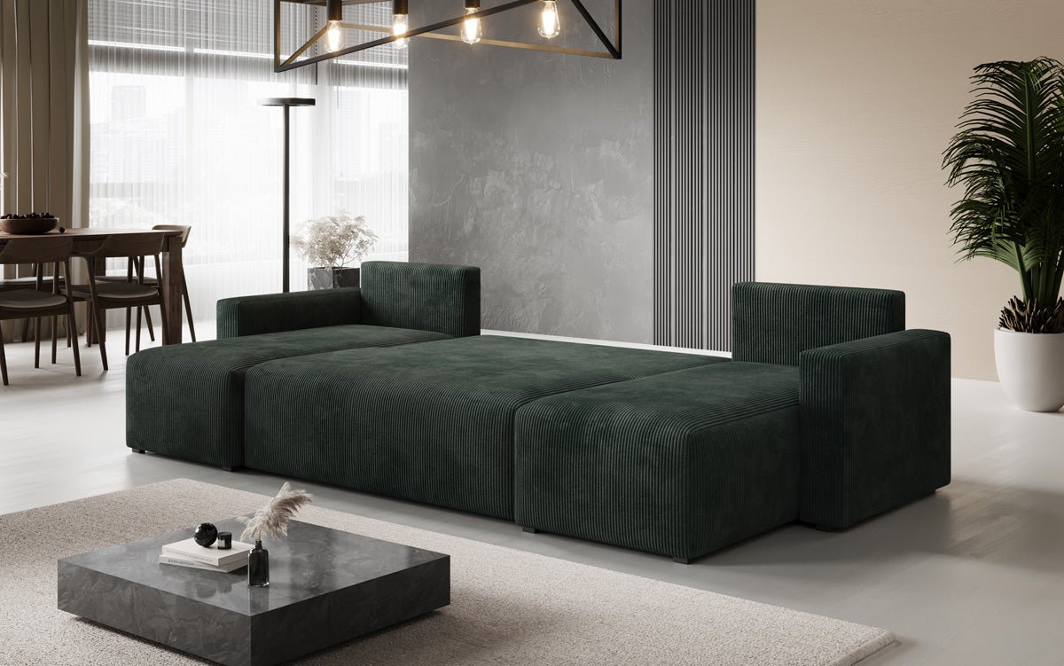 Luxuriöses Designer U-Sofa Melva mit Schlaffunktion, Cord Bezug & Stauraum