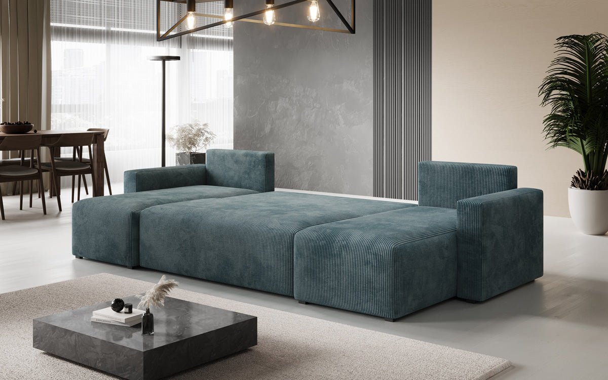 Luxuriöses Designer U-Sofa Melva mit Schlaffunktion, Cord Bezug & Stauraum