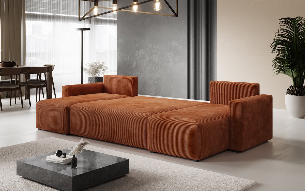 Luxuriöses Designer U-Sofa Melva mit Schlaffunktion, Cord Bezug & Stauraum