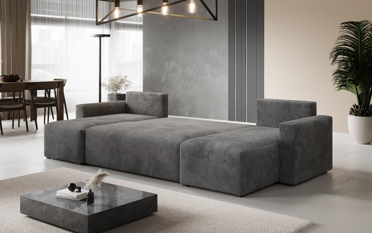 Luxuriöses Designer U-Sofa Melva mit Schlaffunktion, Cord Bezug & Stauraum