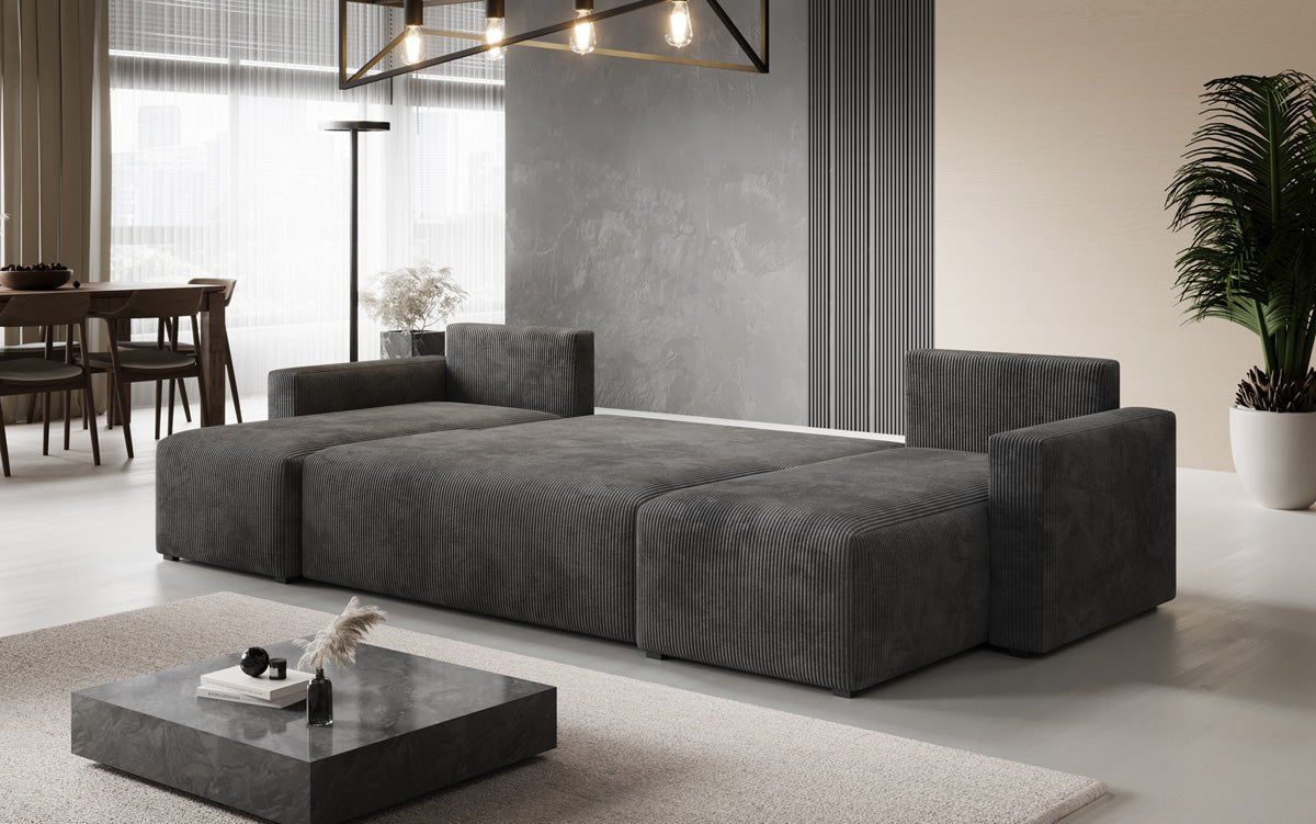 Luxuriöses Designer U-Sofa Melva mit Schlaffunktion, Cord Bezug & Stauraum