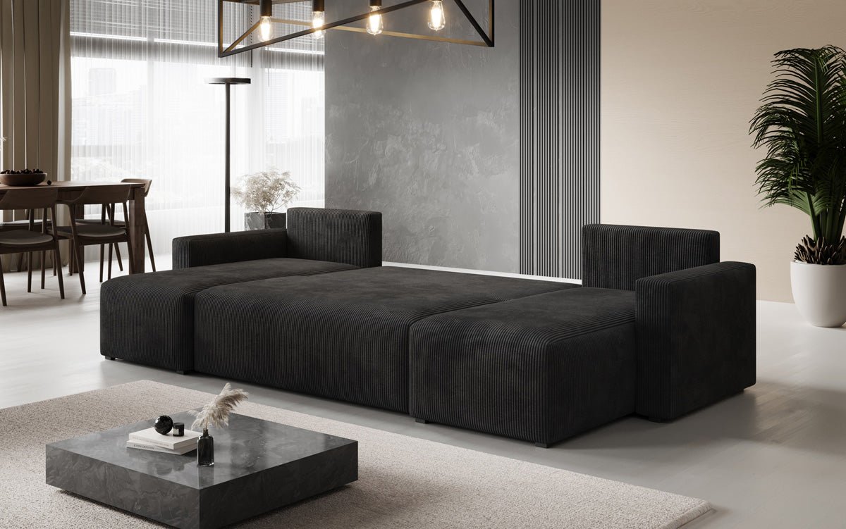 Luxuriöses Designer U-Sofa Melva mit Schlaffunktion, Cord Bezug & Stauraum