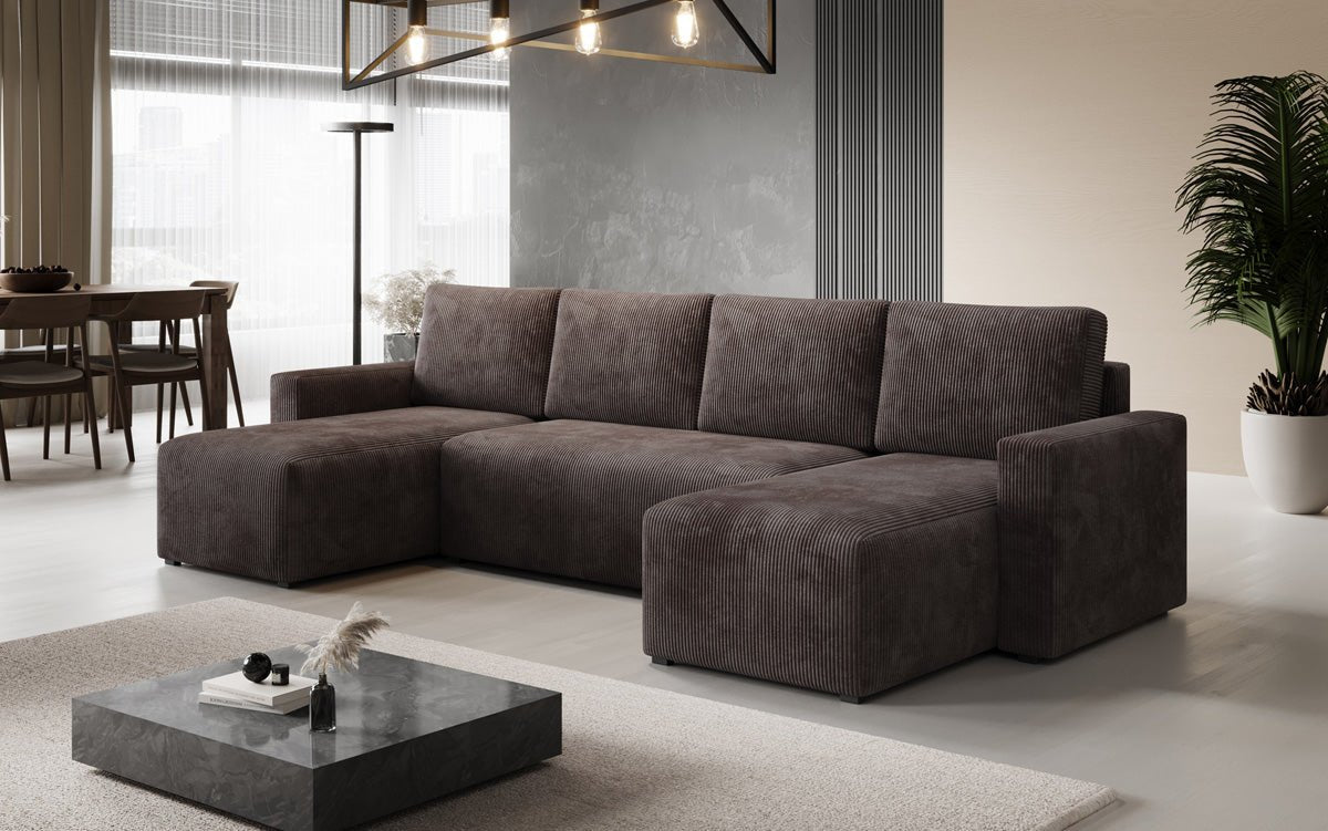Luxuriöses Designer U-Sofa Melva mit Schlaffunktion, Cord Bezug & Stauraum