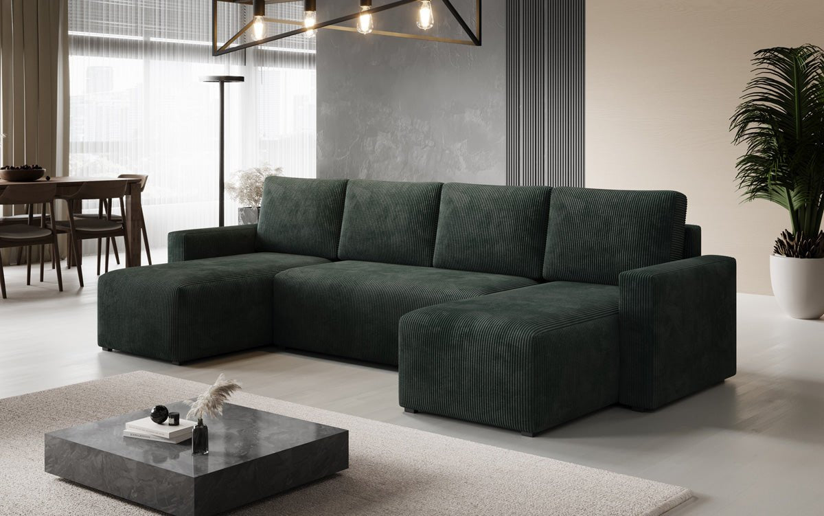 Luxuriöses Designer U-Sofa Melva mit Schlaffunktion, Cord Bezug & Stauraum