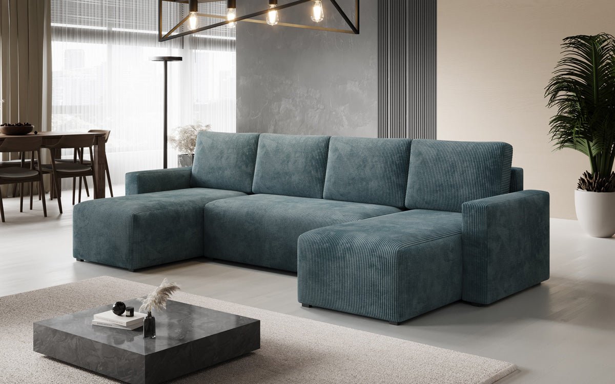 Luxuriöses Designer U-Sofa Melva mit Schlaffunktion, Cord Bezug & Stauraum