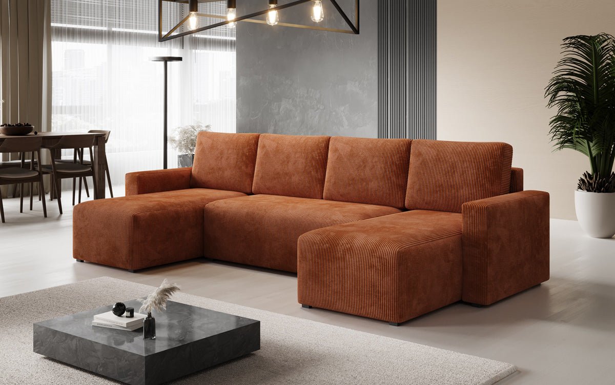 Luxuriöses Designer U-Sofa Melva mit Schlaffunktion, Cord Bezug & Stauraum