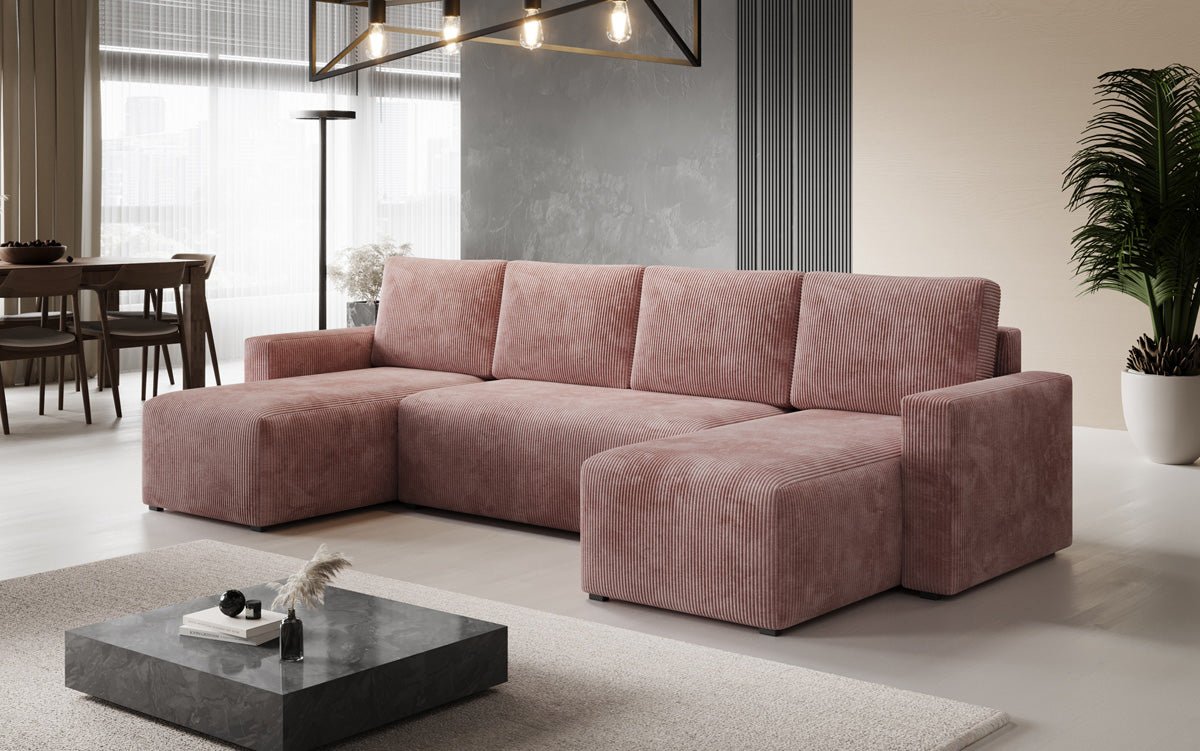 Luxuriöses Designer U-Sofa Melva mit Schlaffunktion, Cord Bezug & Stauraum