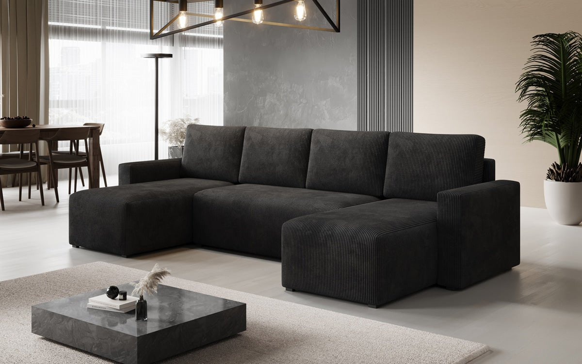 Luxuriöses Designer U-Sofa Melva mit Schlaffunktion, Cord Bezug & Stauraum
