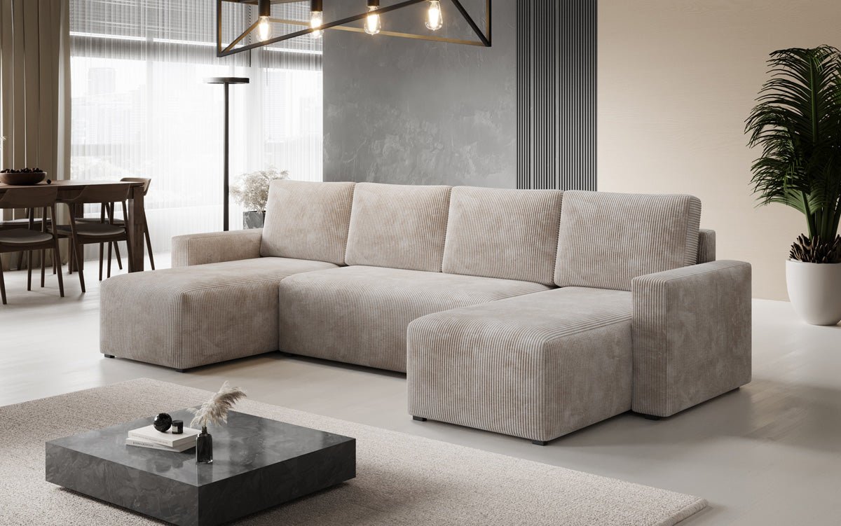 Luxuriöses Designer U-Sofa Melva mit Schlaffunktion, Cord Bezug & Stauraum