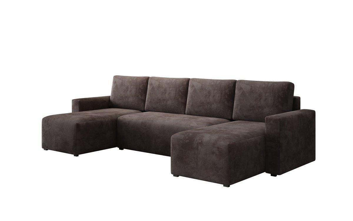 Luxuriöses Designer U-Sofa Melva mit Schlaffunktion, Cord Bezug & Stauraum