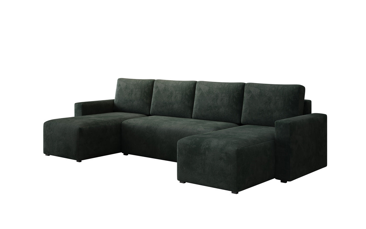 Luxuriöses Designer U-Sofa Melva mit Schlaffunktion, Cord Bezug & Stauraum